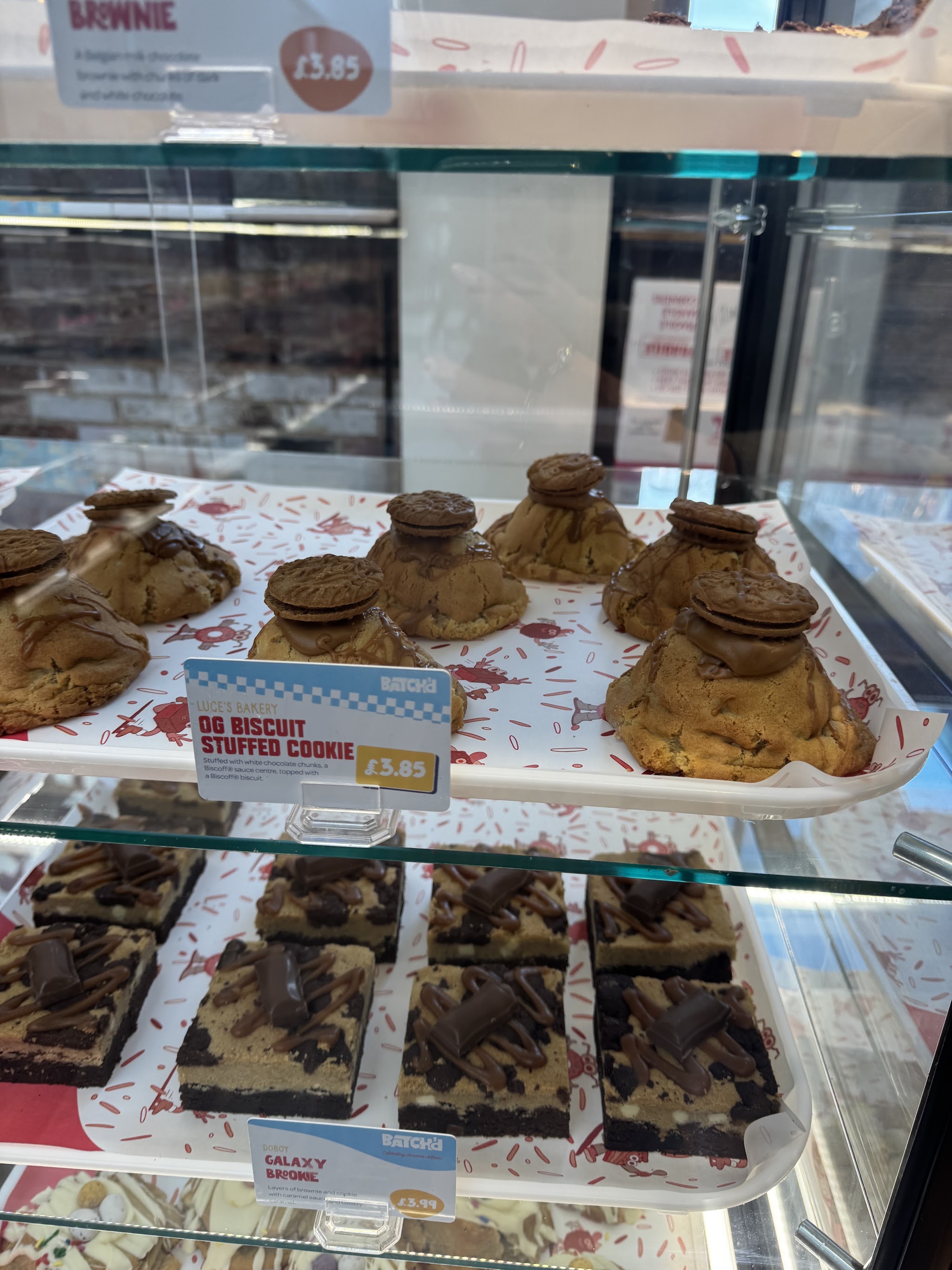 Luce's stuffed cookies and chocolate bakes in a display counter